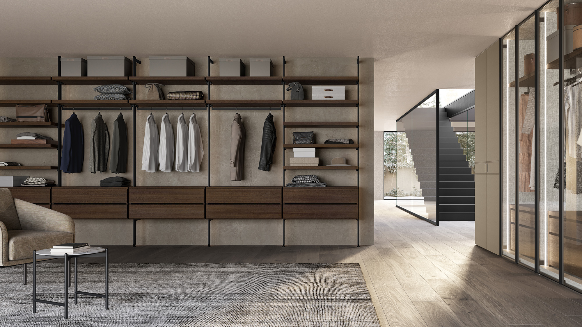 Bamboo walk-in closet with wall-mounted aluminum frame | Dallagnese