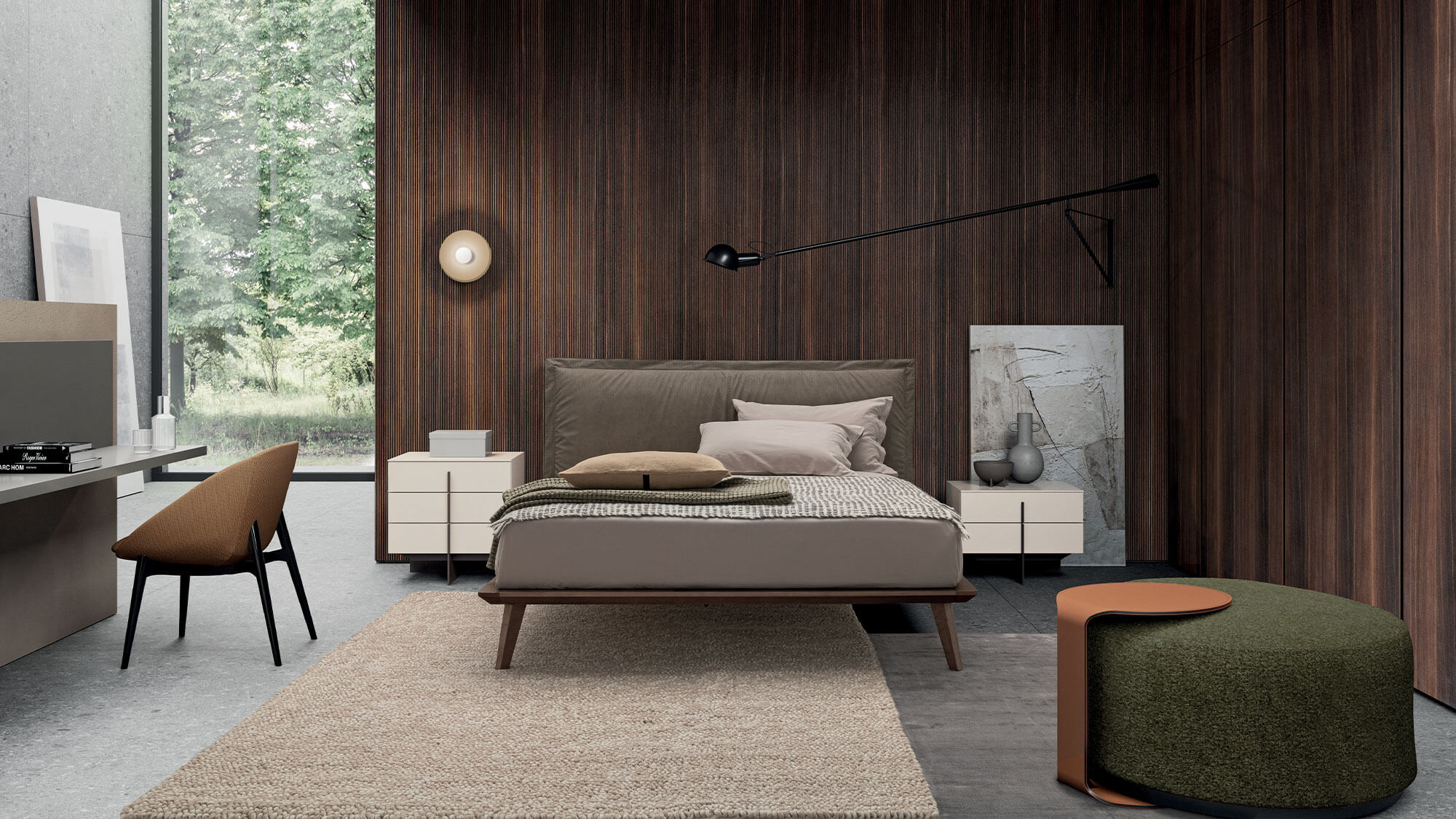 Bedroom with Morgan bed, Katana nightstands, Besu pouf and Le Mans armchair | Dallagnese