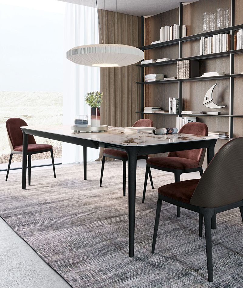 Smooth table, Joelle chairs and Bamboo bookcase | Dallagnese