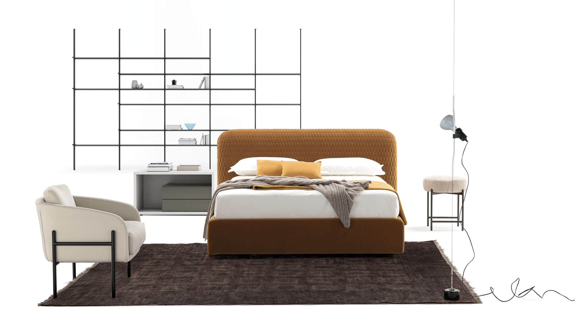 Bedroom with Hari bed, Slim Frame nightstand, Bamboo bookcase, Supernova armchair and pouf | Dallagnese
