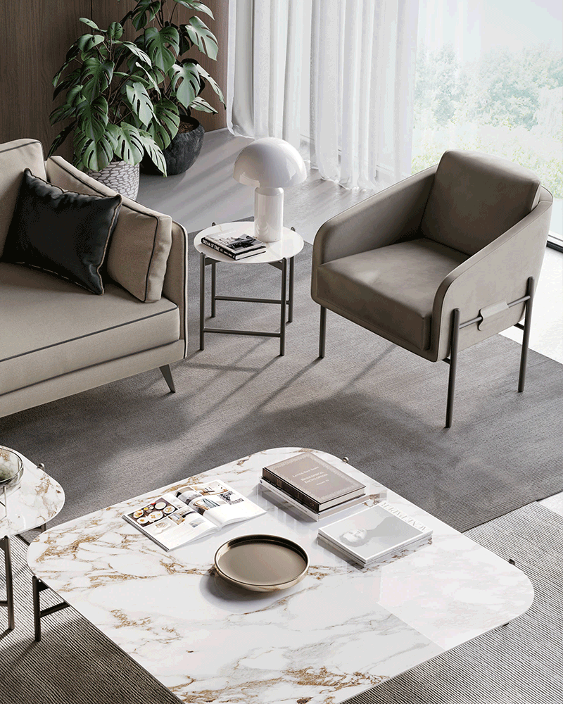 Living room with Supernova armchair, Milton sofa and Supernova side tables | Dallagnese