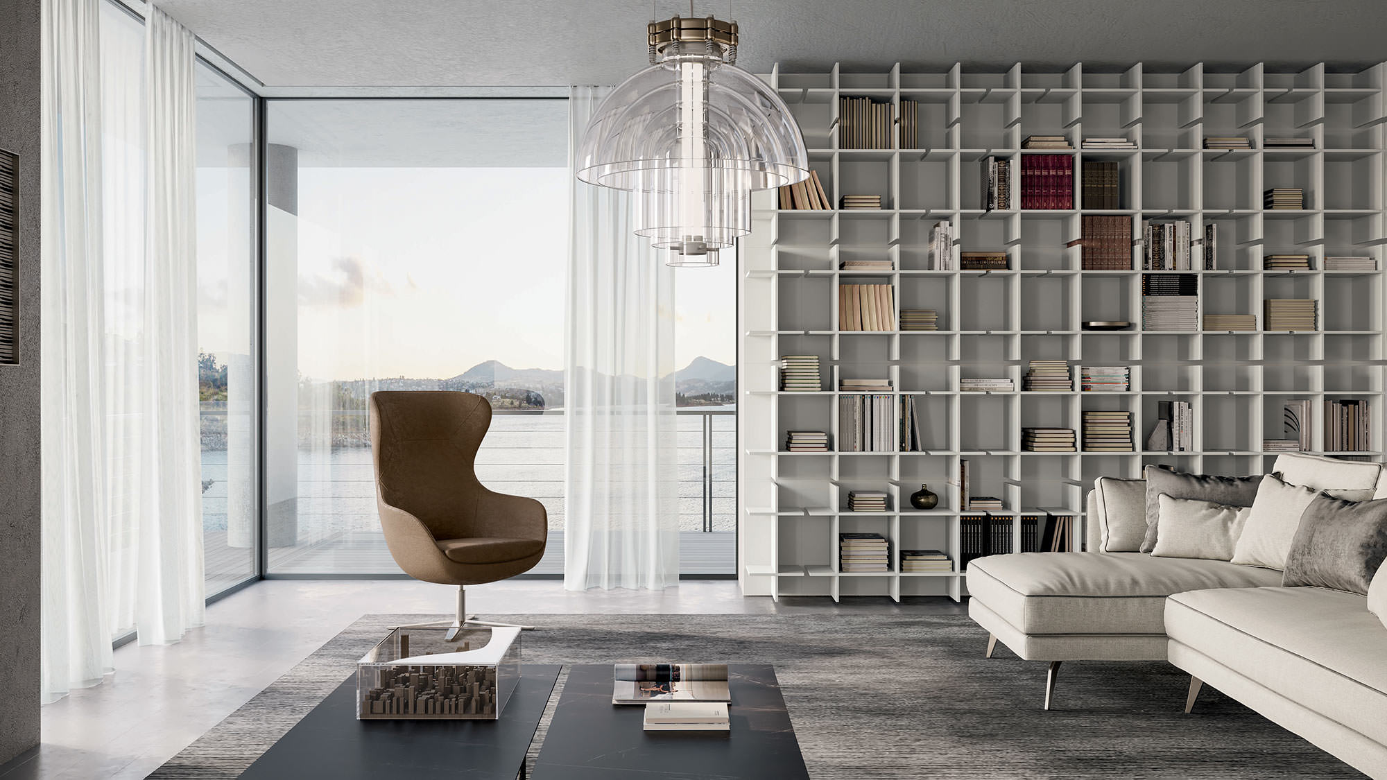 Living room with Bookrid bookcase, Madame armchair, Milton sofa and Azimut side tables | Dallagnese