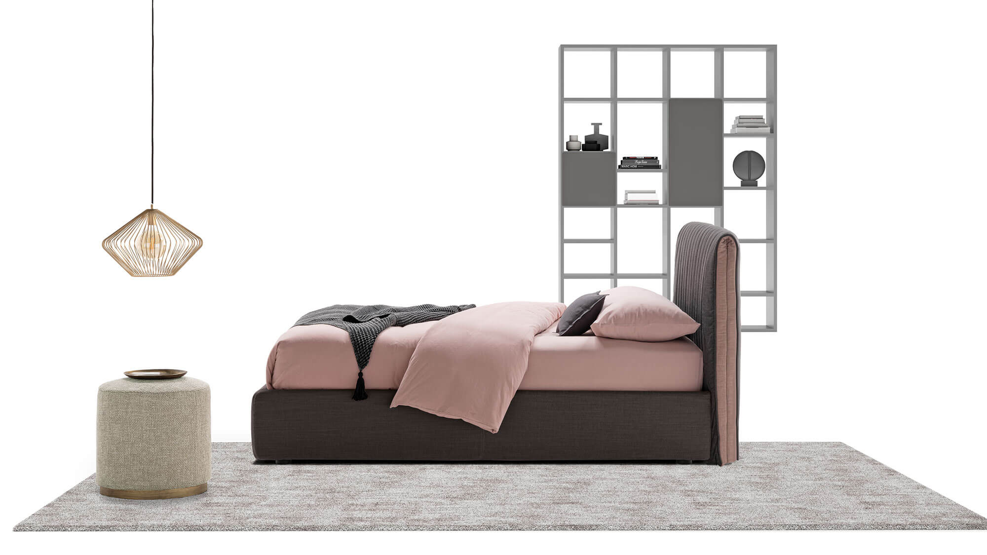 Camera da letto con letto imbottito Goose, libreria Speed Up e pouf Besu | Dallagnese