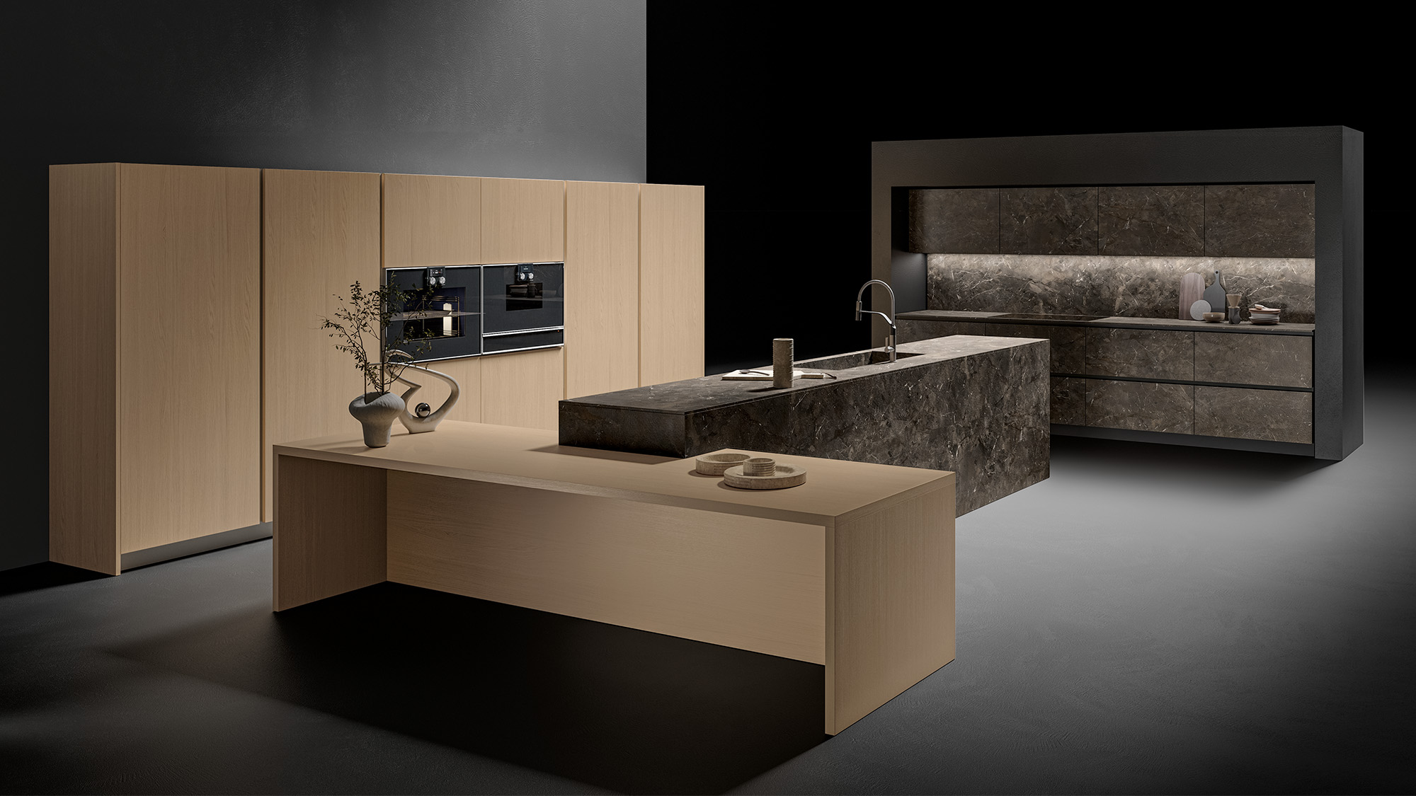 Modular kitchen with double island, columns and ceramic portal | CX 14 | CX Frame System | Comprex