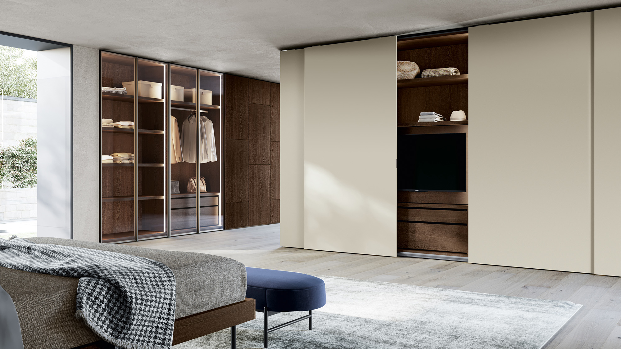 Bedroom with Simply sliding door wardrobe, Glass Up hinged door wardrobe, Boiserie hinged door wardrobe and Volume bed | Dallagnese