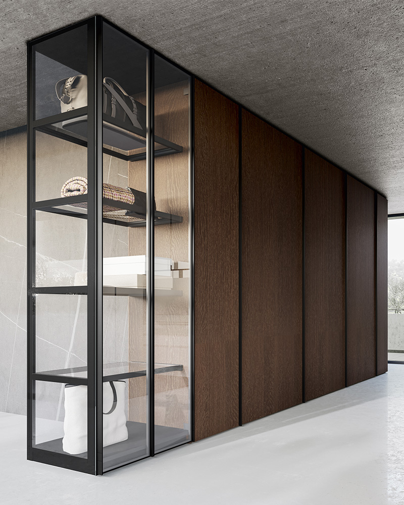 Ritmo wardrobe with canneté hinged door and Glass All walk-in closet | Dallagnese