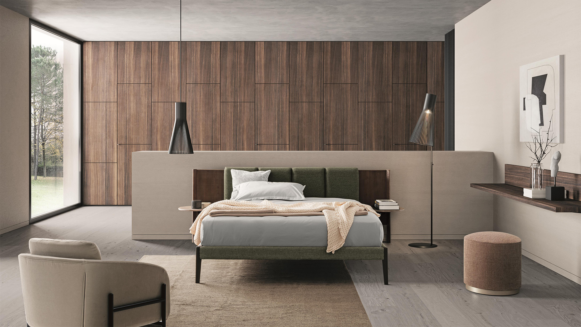 Bedroom with Millerighe bed, Boiserie wardrobe and Supernova armchair | Dallagnese