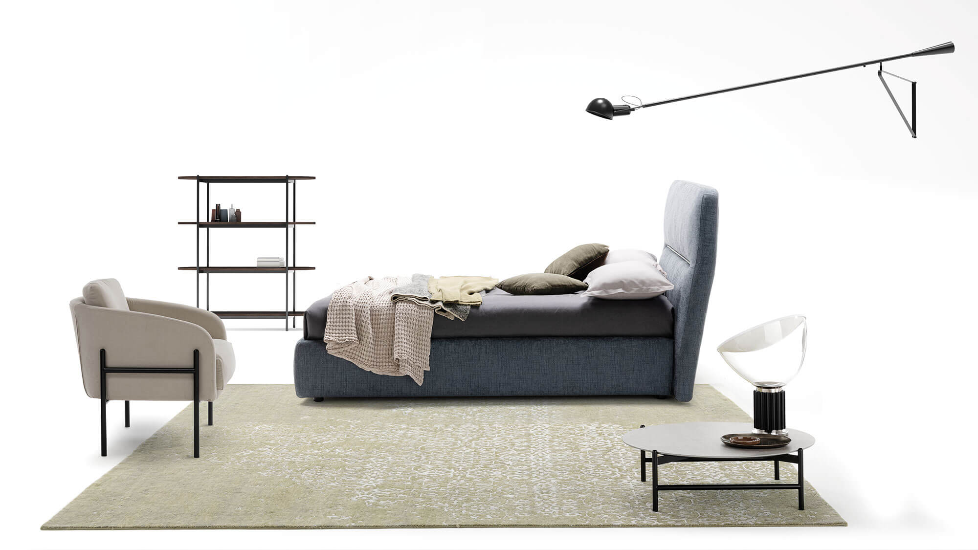 Bedroom with Slit bed, Supernova armchair, coffee table and bookcase | Dallagnese