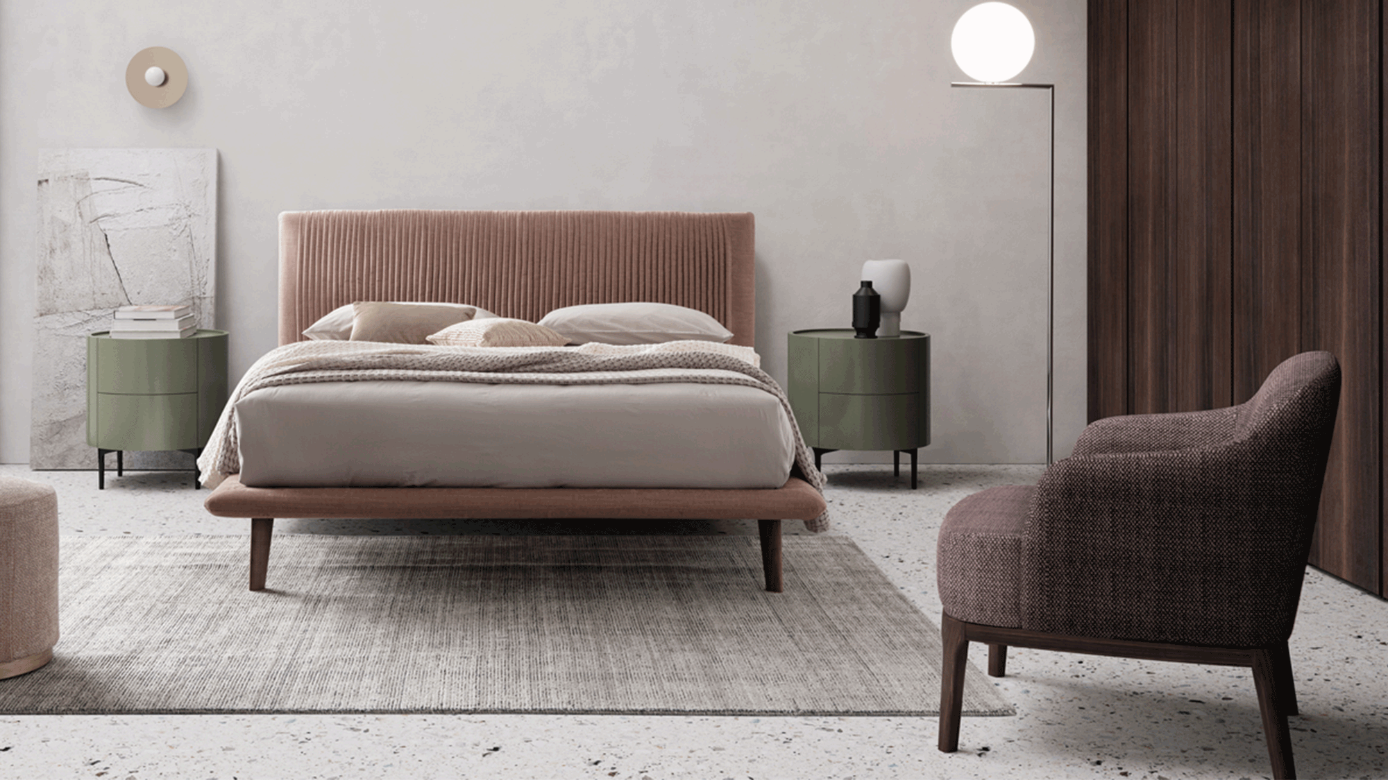 Bedroom with Plissé bed and Gulp Lounge armchair | Dallagnese