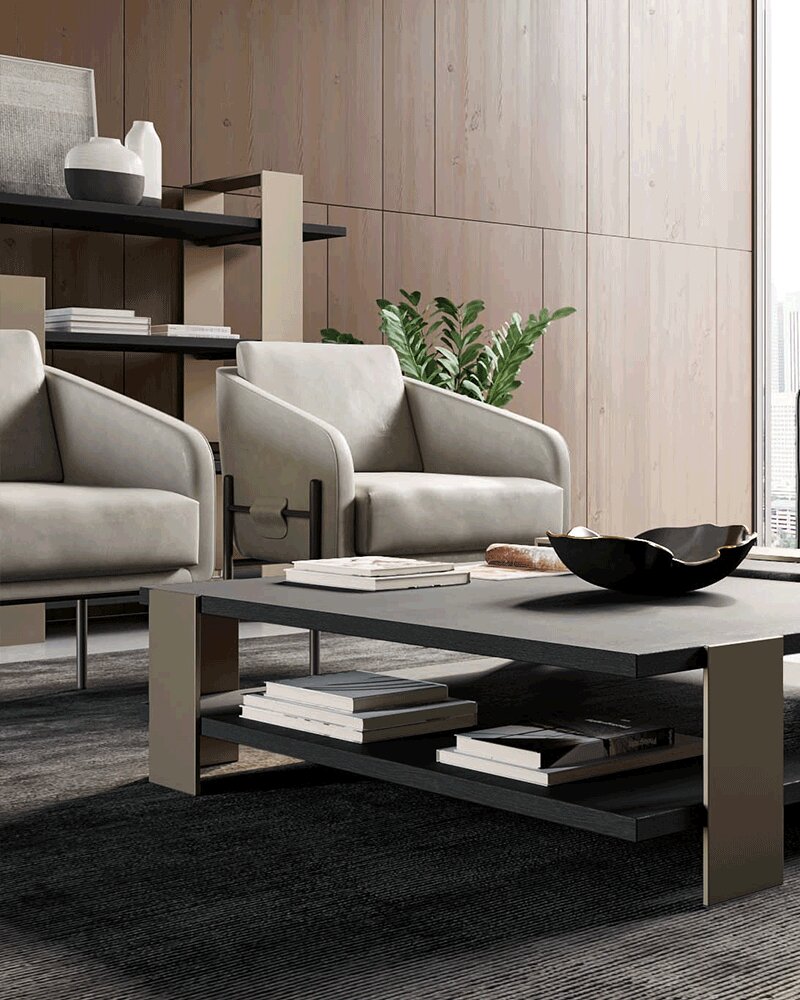 Living room with Supernova armchairs, Kyoto bookcase and coffee table | Dallagnese
