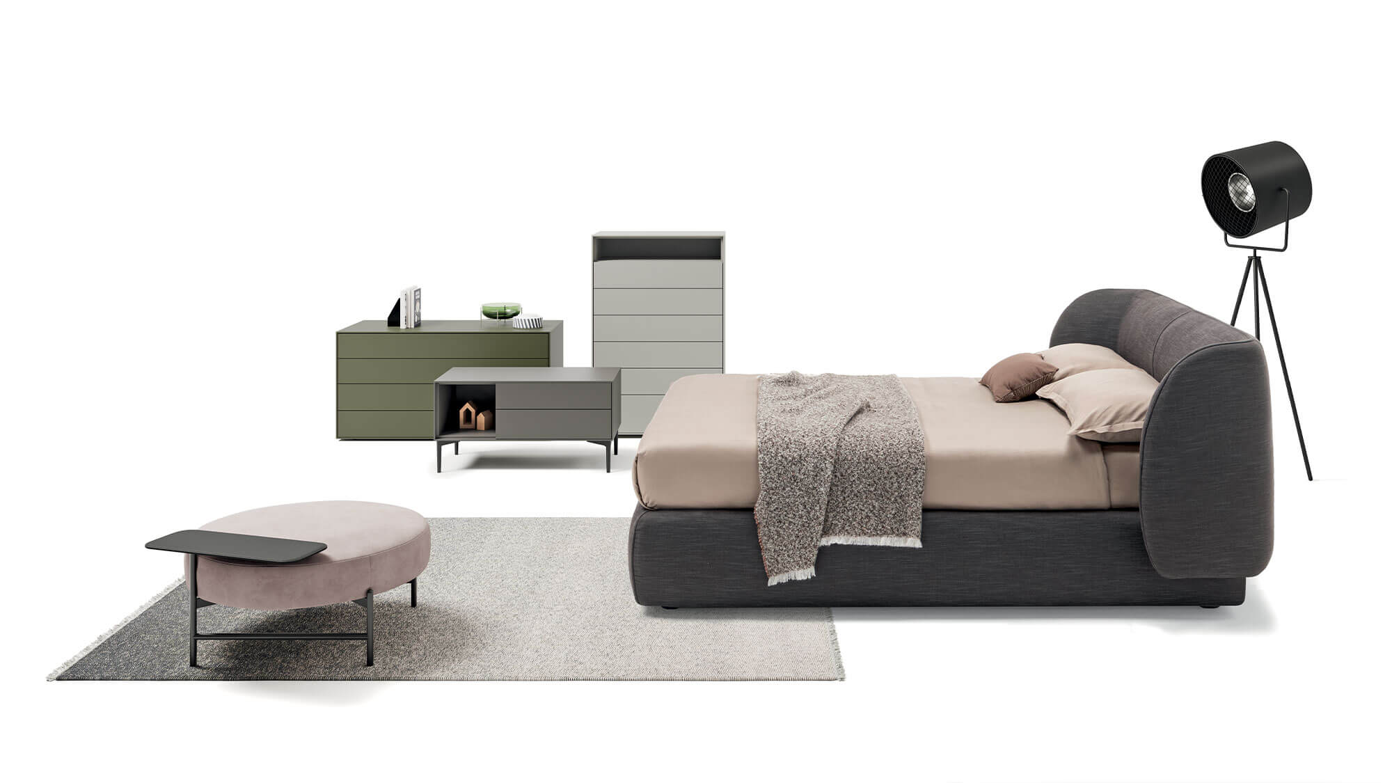 Bedroom with Inemuri bed, Kompos night storage units and Supernova pouf | Dallagnese