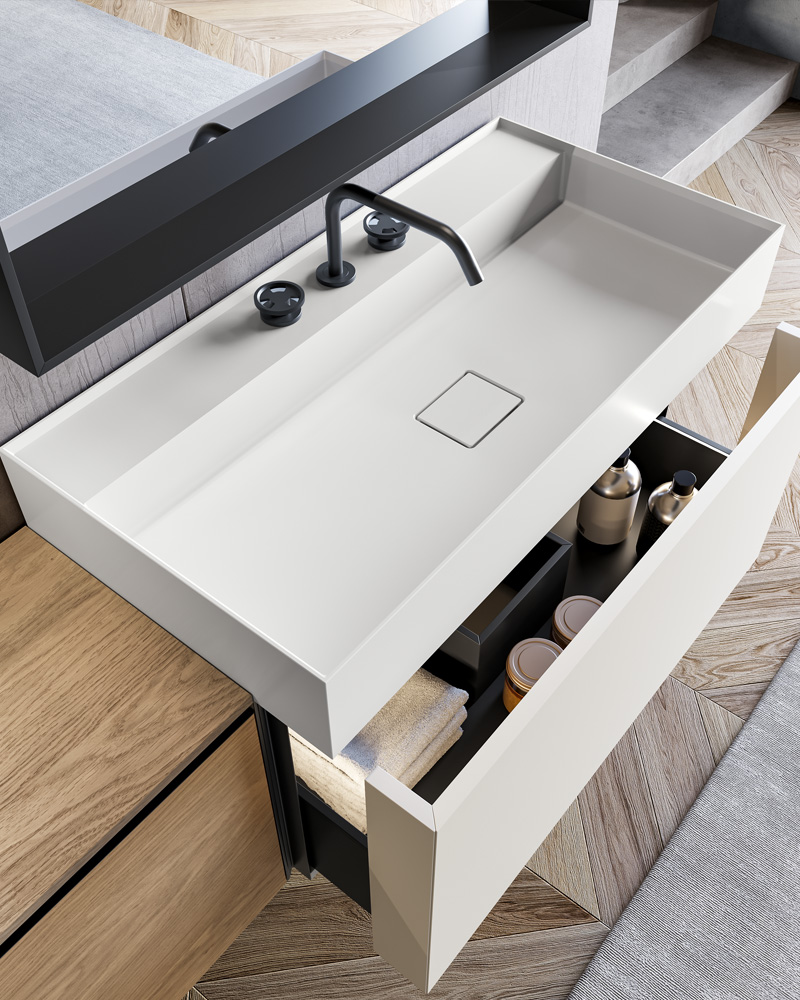 Deep shaped drawer with folding front | Lapis bathroom | Birex