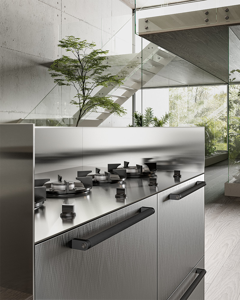 Kitchen island in metal finishes and stainless steel hobs | CX 16 | CX Alumina | Comprex