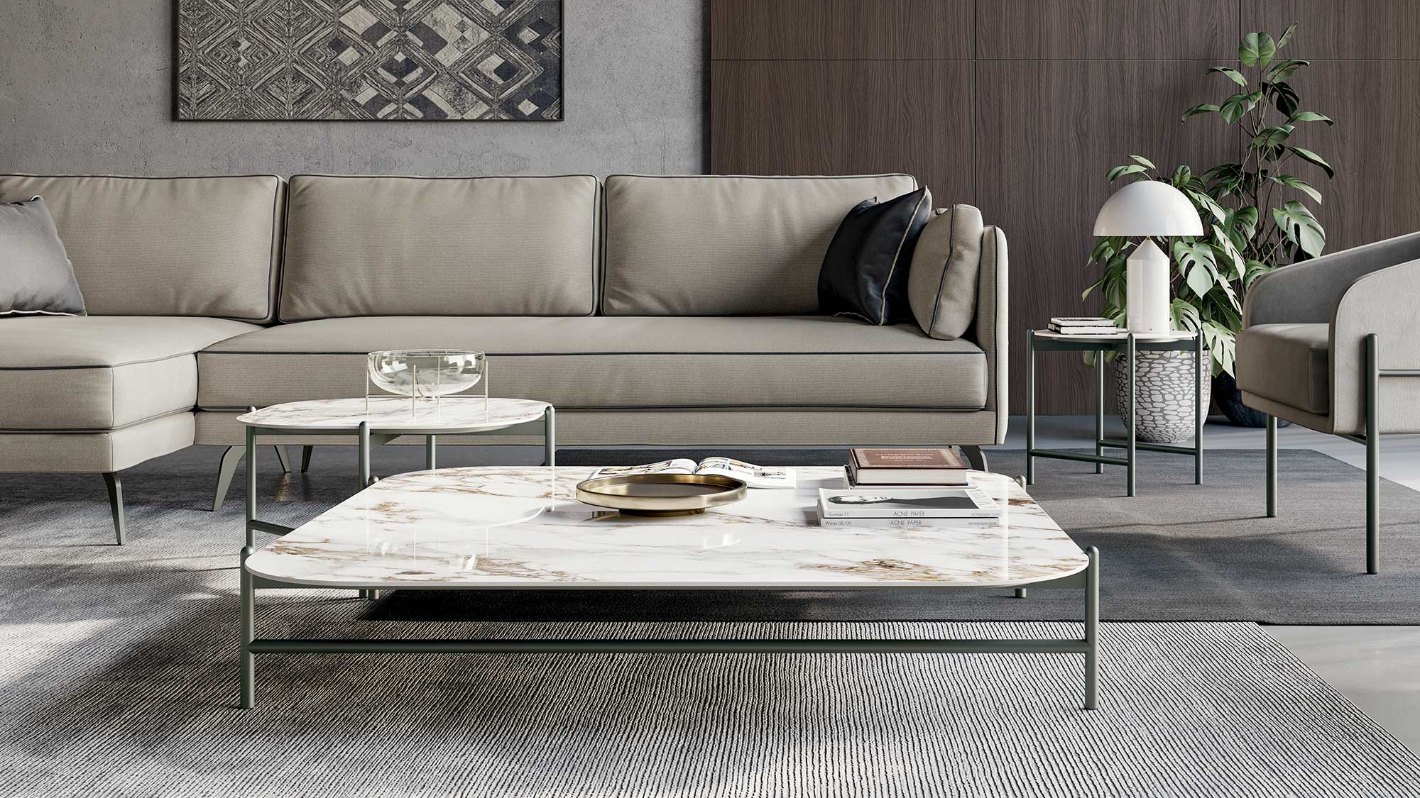 Living room with Supernova coffee table, Supernova armchairs and Milton sofa | Dallagnese