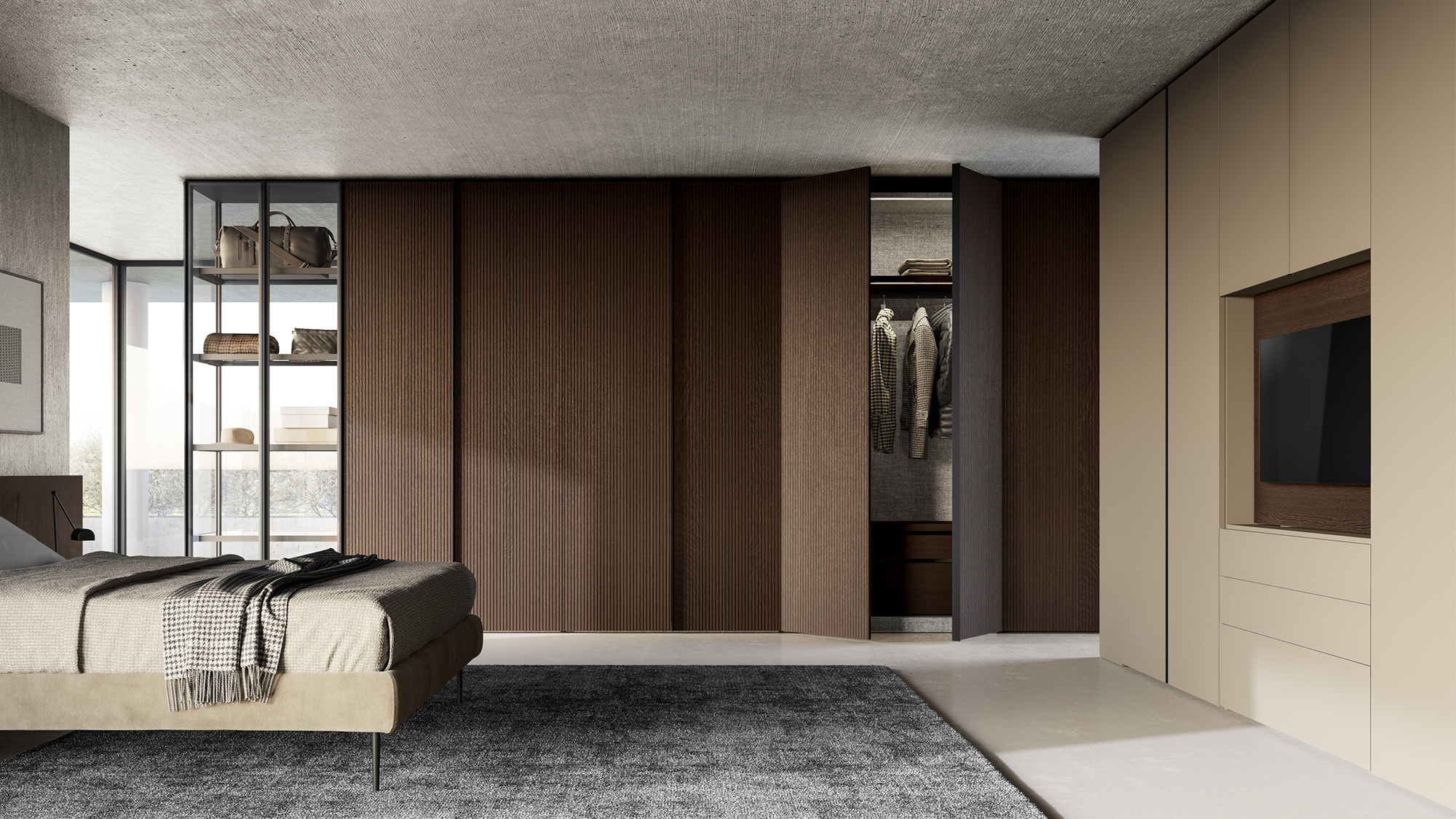 Bedroom with Ritmo hinged door wardrobe, Glass All walk-in closet, Simply wardrobe and Square bed | Dallagnese