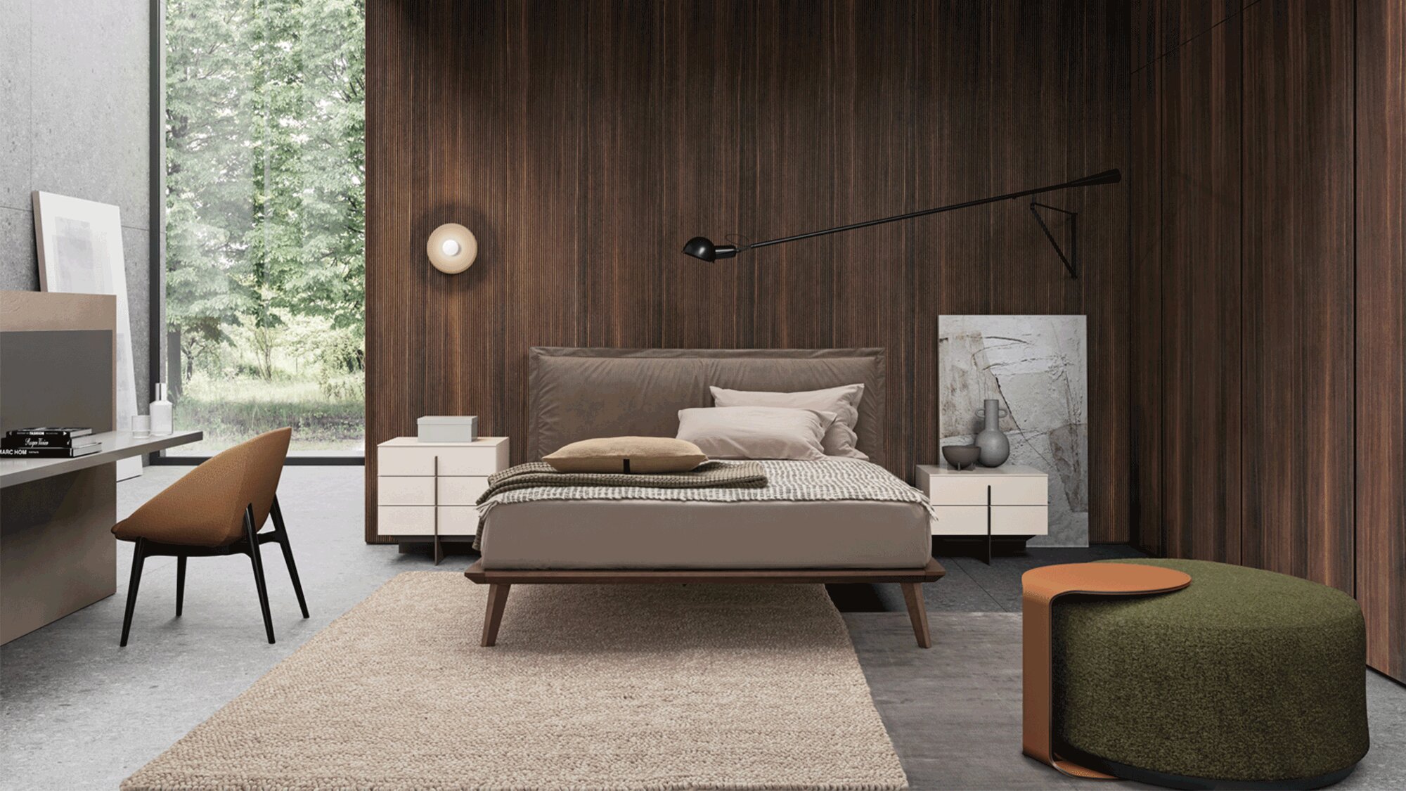 Bedroom with Morgan bed, Katana nightstands, Besu pouf and Le Mans armchair | Dallagnese