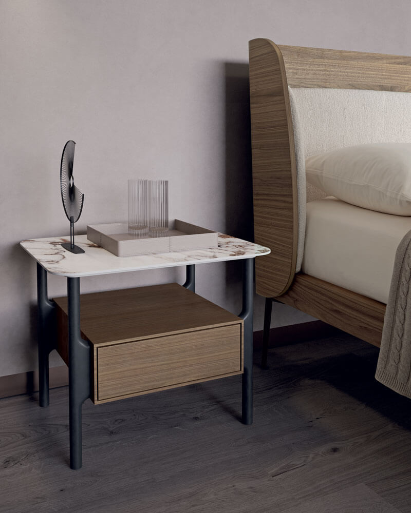 Volume headboard bed and Tepu nightstand | Dallagnese