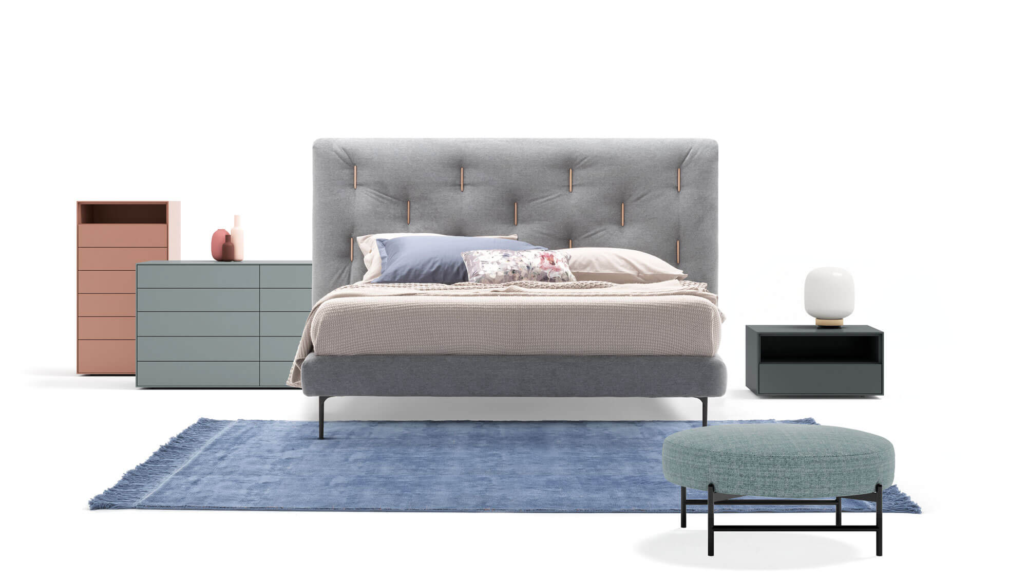 Bedroom with Bars bed, Kompos night storage units and Supernova pouf | Dallagnese