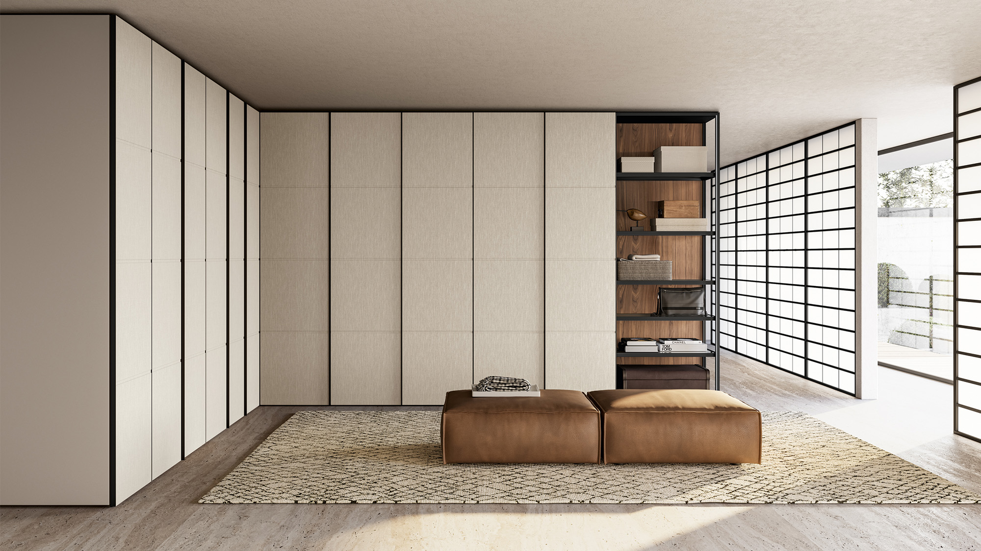 Tela wardrobe with fabric-covered hinged door and walk-in closet Scena | Dallagnese