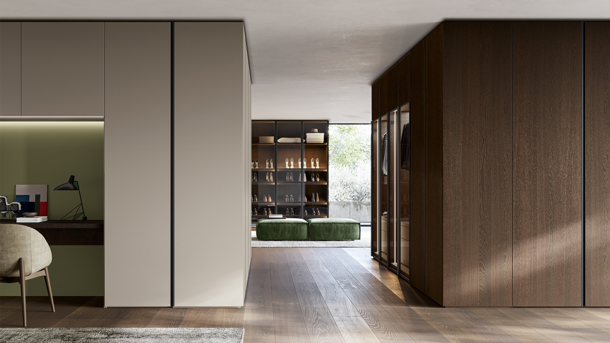 Cloackroom with Nodo and Glass Up hinged door wardrobes | Dallagnese