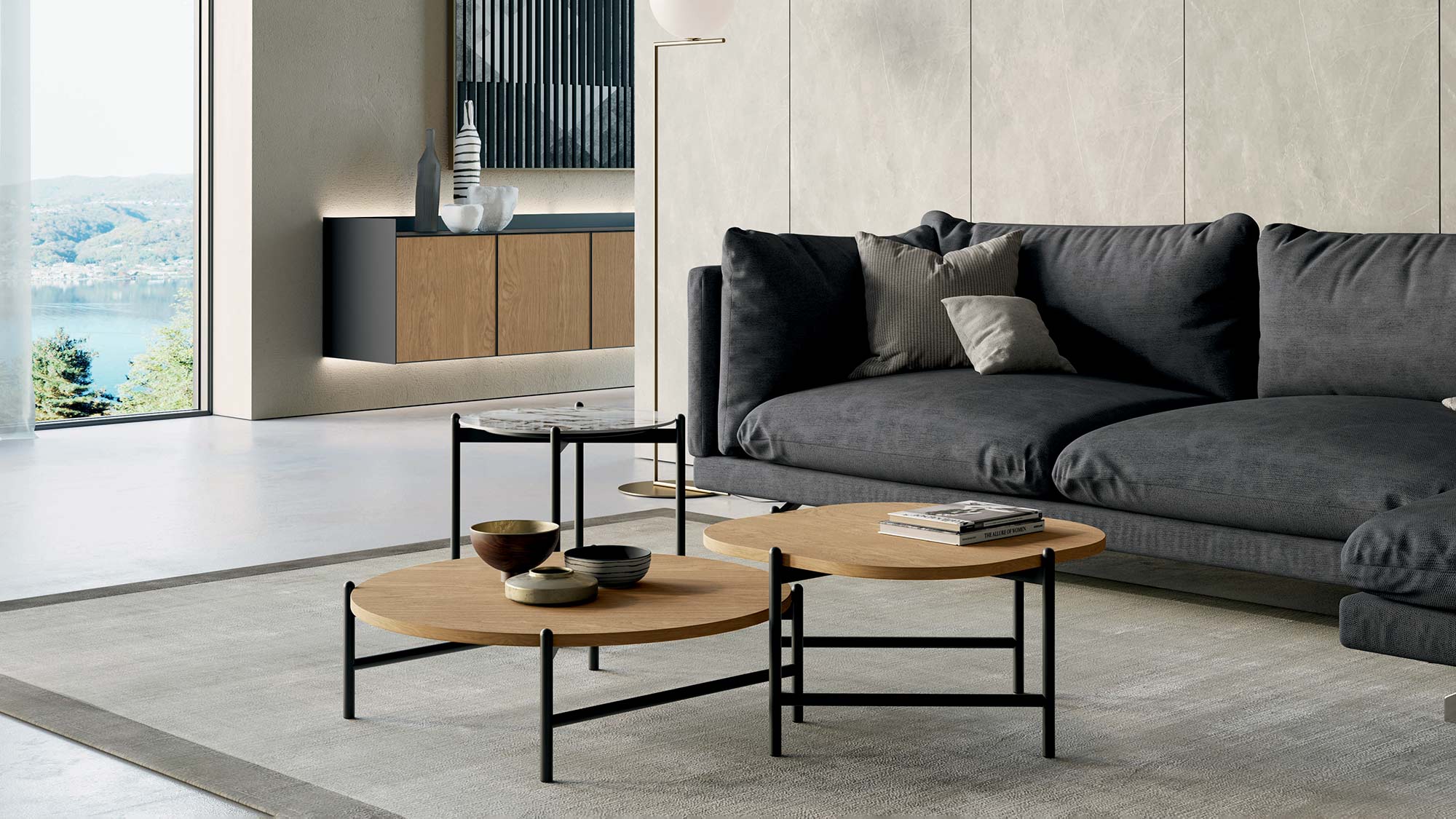 Living room with Supernova side tables, Slim Air sideboard and Swing sofa | Dallagnese