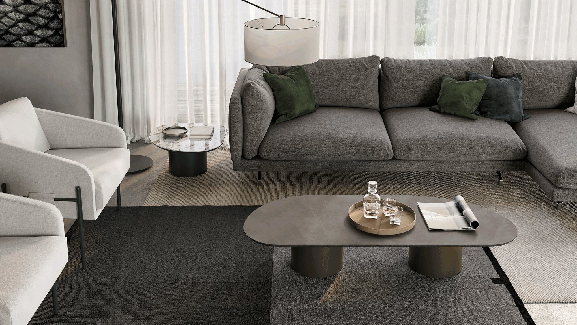 Living room with Supernova armchairs, Swing sofa and Atollo side tables | Dallagnese