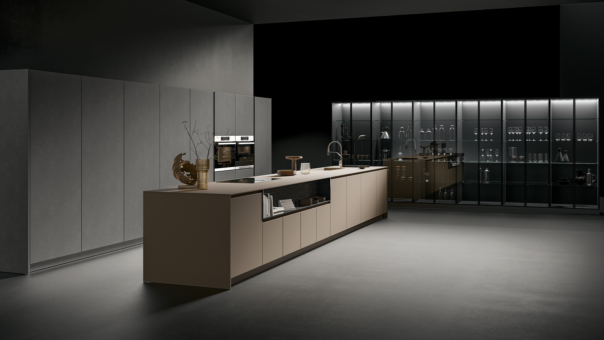 Modular kitchen with island, glass columns and metal lacquered columns | CX 12 | CX System | Comprex