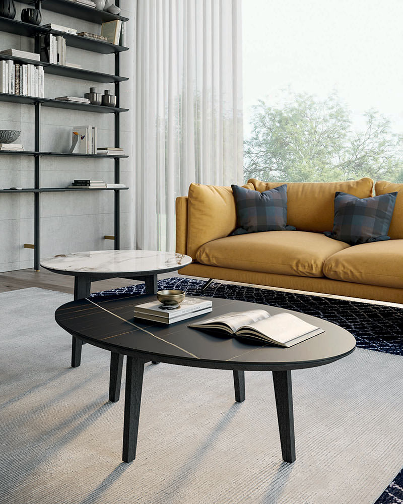 Bamboo bookcase, Zoe coffee tables and Swing sofa | Dallagnese