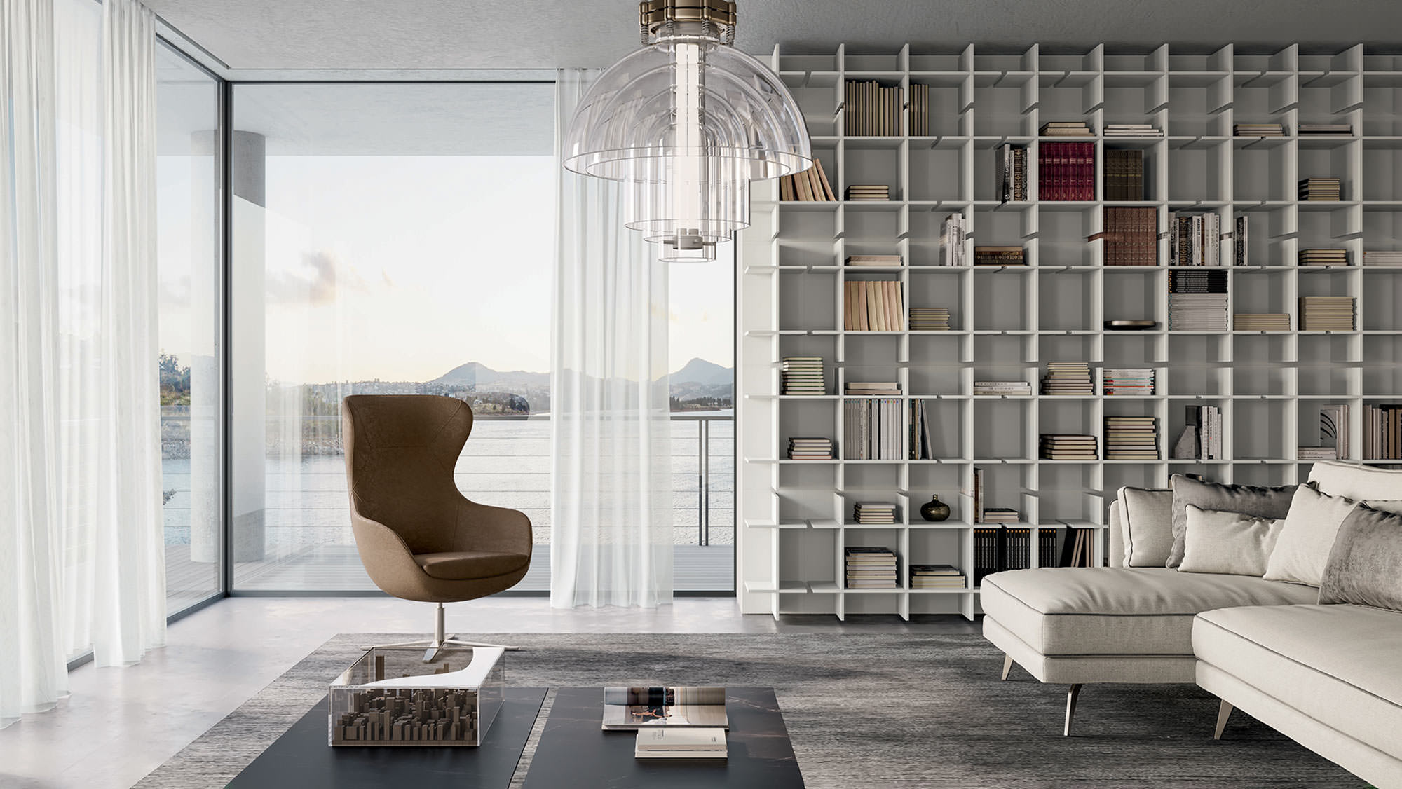Living room with Bookrid bookcase, Milton sofa and Madame armchair | Dallagnese