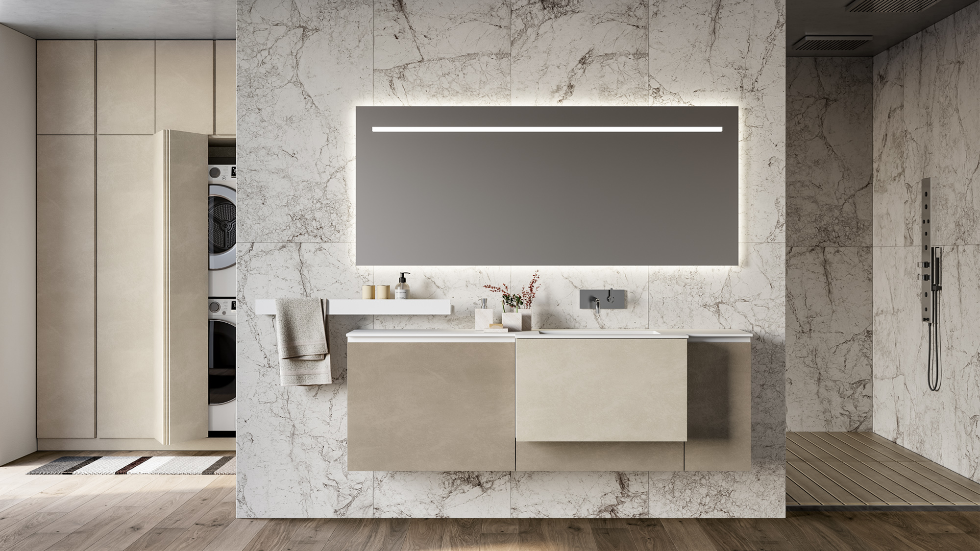 Suspended bathroom furniture with integrated mineral marble top with depth change | Lapis bathroom | Birex
